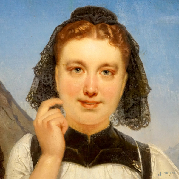 Fanciulla con lettera, sec. XIX, olio su tela, cm 100x81, siglato, entro cornice. (Difetti)