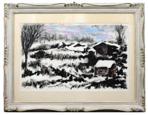 Paesaggio invernale, tecnica mista si carta, cm 43x70, firmato, entro cornice