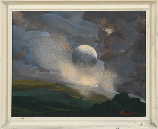 Luna sulla valle, XX secolo, tecnica mista su tela, cm 39,5x49, firmato in basso a destra, entro cornice