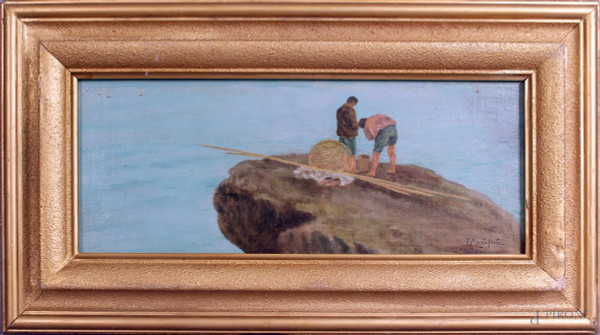 Costa con pescatori, olio su cartone telato, cm. 18x45, firmato, entro cornice.