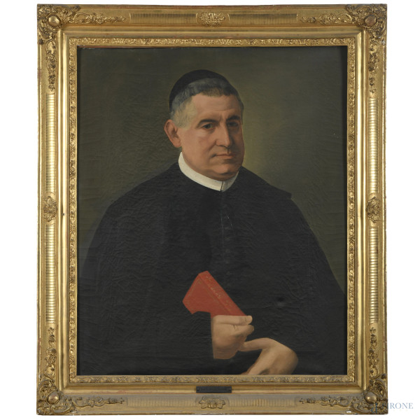 Ritratto di Monsignor G. Antonio Morrone, XIX-XX secolo, olio su tela, cm 76x63, entro cornice, (segni di usura, craquelure)