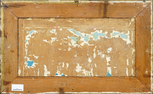 Paesaggio, olio su tela riportata su cartone, firmato, cm 28,5x56, entro cornice