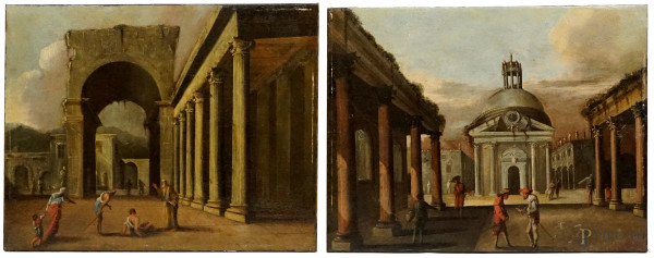Attr. a Ascanio Luciani (Napoli, 1621 - 1706), Coppia di capricci architettonici con figure, olio su tela, cm 59x76,5,(difetti)