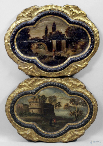 Antica coppia di paesaggi, olio su tavola di linea sagomata,43x33 cm, entro cornici