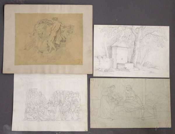 Lotto di quattro disegni su carta a soggetti di paesaggi e figure, 21x26 - 16x23 - 18x24 - 14x22 cm