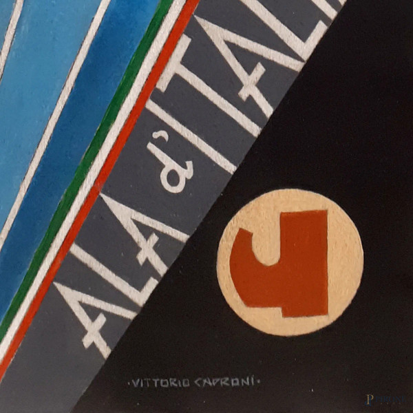 Vittorio Caproni (XX sec.) Ala d’Italia, aeropittura a tecnica mista su tavola, cm 51x15, firmato...