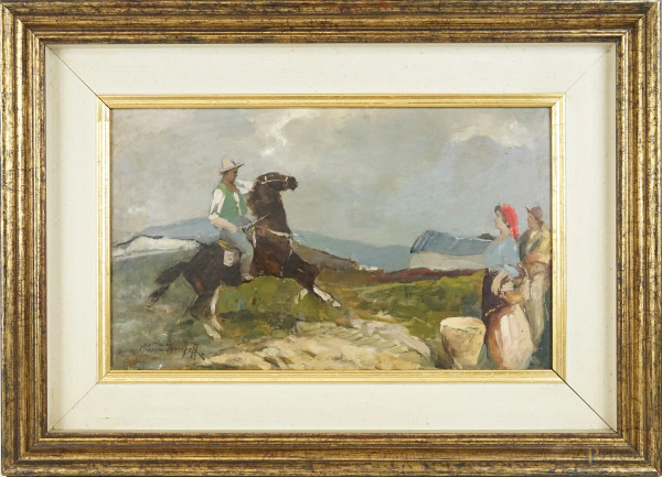 Paesaggio con cavaliere e contadini, olio su faesite, cm 25x43, firmato, entro cornice.