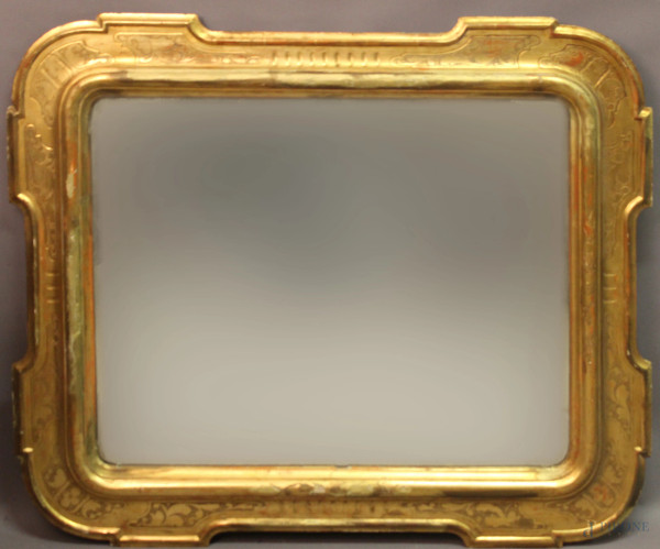 Specchiera di linea rettangolare centinata in legno dorato e graffito, cm 115x95, Francia XIX sec.