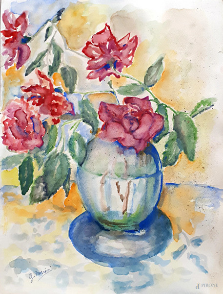 Antico acquarello su carta raffigurante Vaso con fiori, firmato G. Marini, cm 40x30