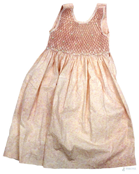 Vestito smanicato da bambina in cotone, fantasia floreale rosa con corpetto elasticizzato, taglia 10 anni.