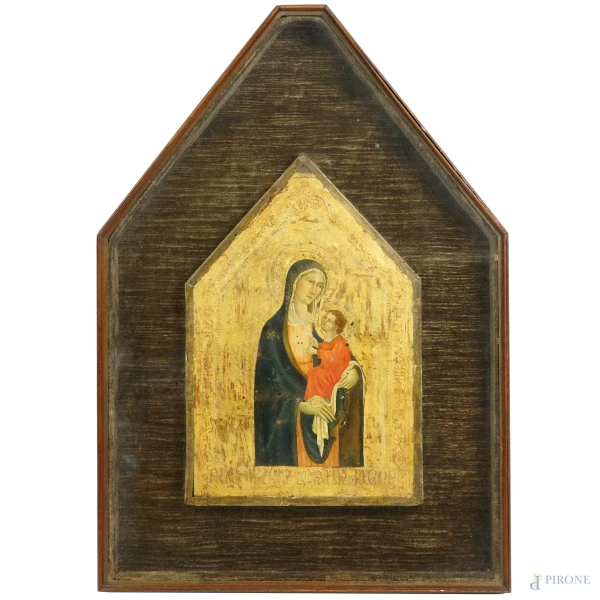 Anonimo toscano del XIX-XX secolo, Madonna con Bambino, tempera su tavola, cm 33,5x22, entro cornice