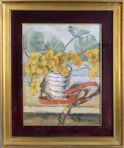 Vaso con fiori, olio su tavola, cm. 47x36, firmato e datato, entro cornice.