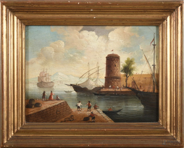 Scorcio portuale, XIX-XX secolo, olio su tavoletta, cm 18x24, entro cornice, (lievi segni di usura)