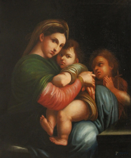 Da Raffaello Sanzio, Madonna della seggiola, dipinto ad olio su tela, XIX sec., cm 85 x 79.