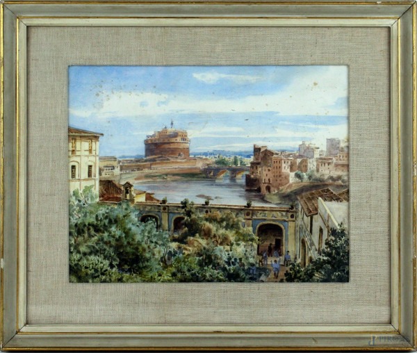 Veduta di Roma, acquarello su carta, altezza cm.26x32, met&#224; XX secolo, entro cornice, (difetti sulla carta).