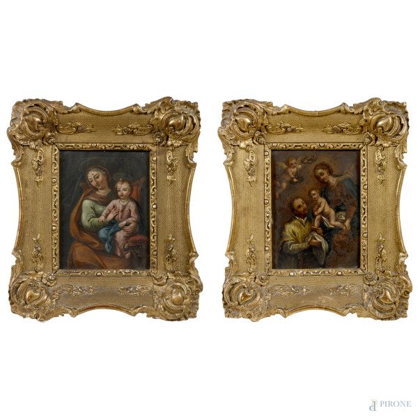 Coppia di dipinti ad olio su rame raffiguranti Sacra Conversazione e Madonna con Bambino, XIX-XX secolo, cm 15x11, entro cornice, (segni di usura, cadute di colore, abrasioni, difetti)