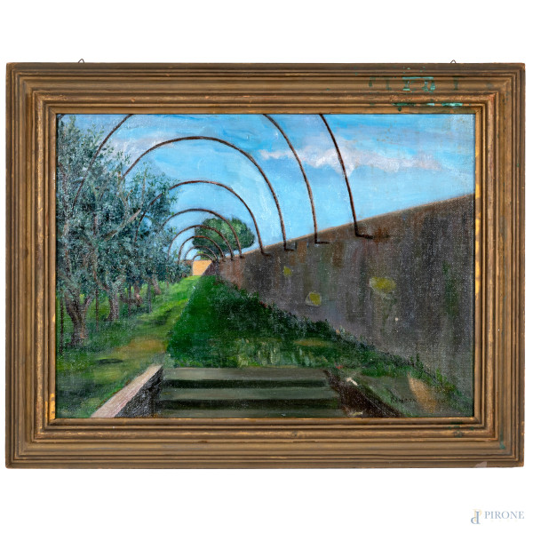 Pina Ramponi Crispo (XX secolo), La Cipriana Grottaferrata, olio su tela, cm 40x55, firmato in basso a destra, al retro etichetta espostitiva, entro cornice, (lievi cadute di colore, tracce di umidità)