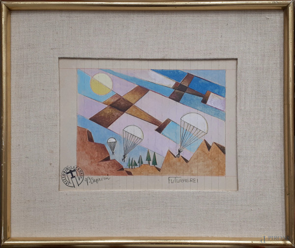 Vittorio Caproni Futuraerei, aeropittura a tecnica mista su carta, cm 15x21, titolo firma e timbro dell’Artista, con cornice