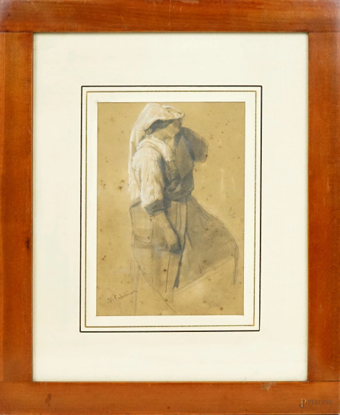 Popolane, dipinto double face a tecnica mista su carta, cm 22x15, firmato, entro cornice.