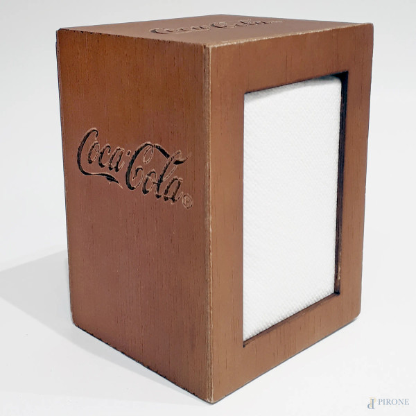 Coca Cola, porta tovaglioli vintage in legno, cm 15x11x10, logo Coca Cola inciso su ogni lato