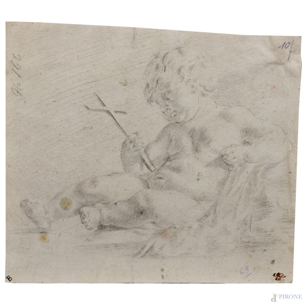 San Giovannino, XIX secolo, disegno a grafite su carta, cm 19,5x22,5, (segni di usura, tracce di umidità, gore, foxing, lacerazioni della carta, tracce di piegatura)