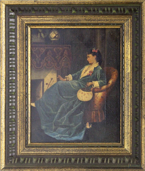 Interno con fanciulla,olio su tela 19x25 cm,XIX sec,in cornice.