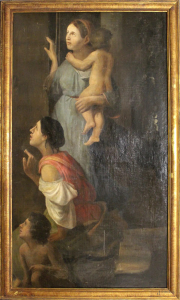 Donne con bambino, olio su tela, cm 160x90, XIX sec., entro cornice.