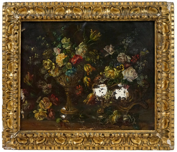 Natura morta con vasi di fiori, olio su tela, cm 50x63, inizi XX secolo, entro cornice, (difetti sulla tela).