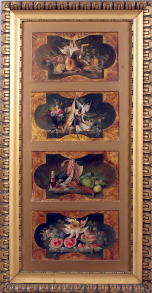 Lotto composto da quattro dipinti raffiguranti cacciagioni, olio su cartone, cm. 11x19, entro unica cornice.