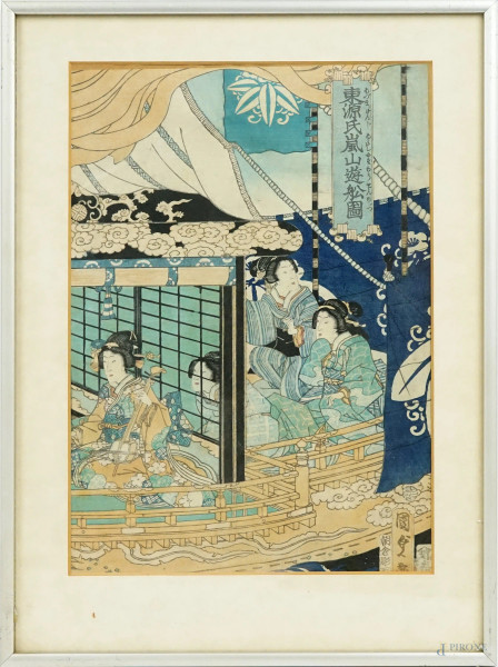 Utagawa  Toyokuni - Tre donne in barca, multiplo a colori,cm 32x22,  Giappone, entro cornice.
