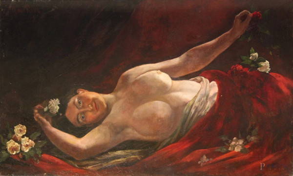 Donna distesa, olio su tela, cm 73 x 118.