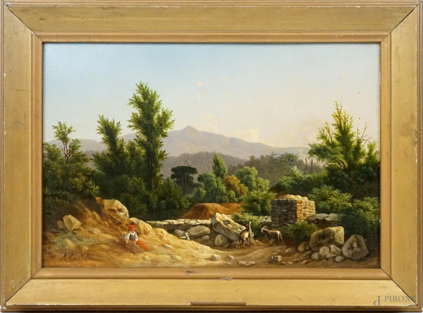 Paesaggio montano con popolana e caprette, olio su compensato, cm 33,5x48,5, firmato, entro cornice.