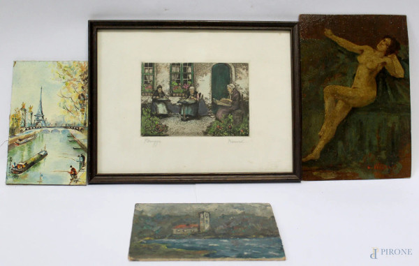 Lotto di tre dipinti diversi ed una stampa, 20x14 cm