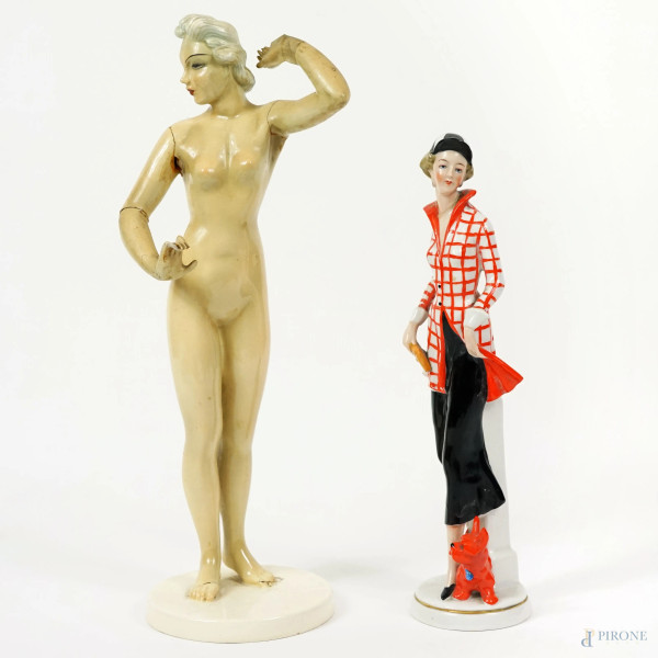 Lotto di due figure femminili in ceramica, manifatture diverse, anni '50, h max cm 35, (difetti e restauri)