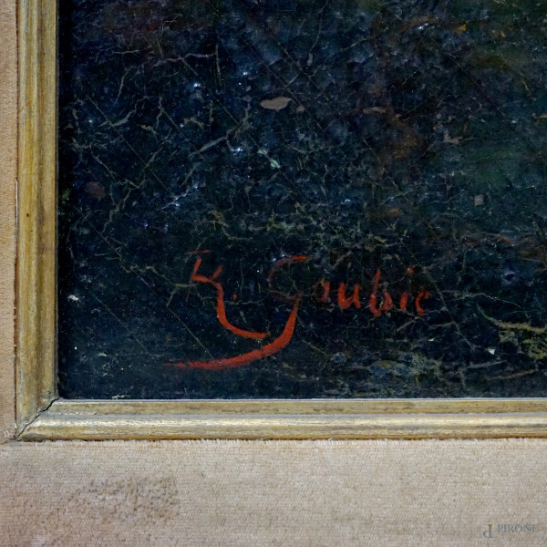 Pollaio, olio su tela, cm 50x75,5, firmato R. Goubie, entro cornice