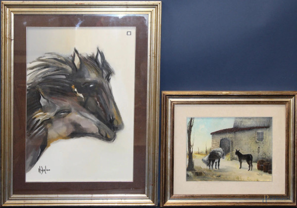 Lotto di due dipinti ad olio su tela raffiguranti asinelli e cavalli 70x50 - 30x40 cm, firmato, entro cornice.
