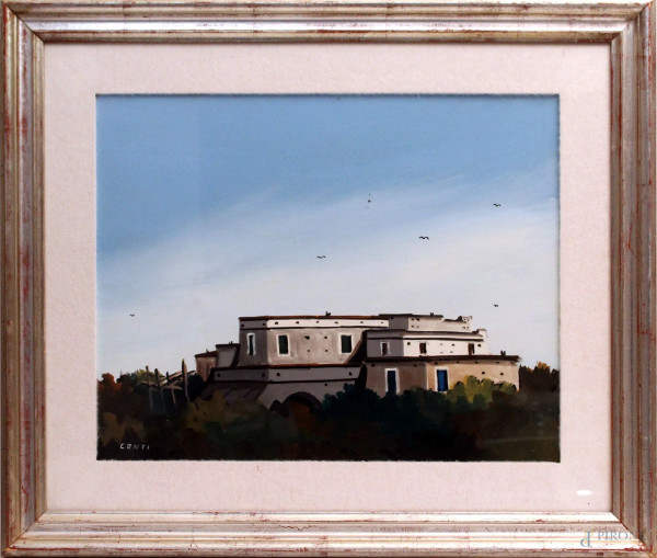 Silvio Conti - Paesaggio con case, olio su masonite, cm. 38x48, entro cornice.