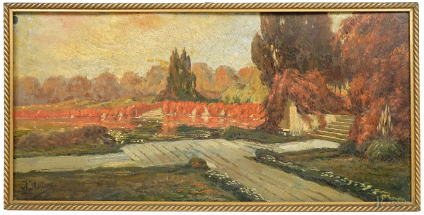 Nicola Ascione - Scorcio di villa in autunno, olio su cartone, cm 24x50,5, datato 1915, entro cornice.