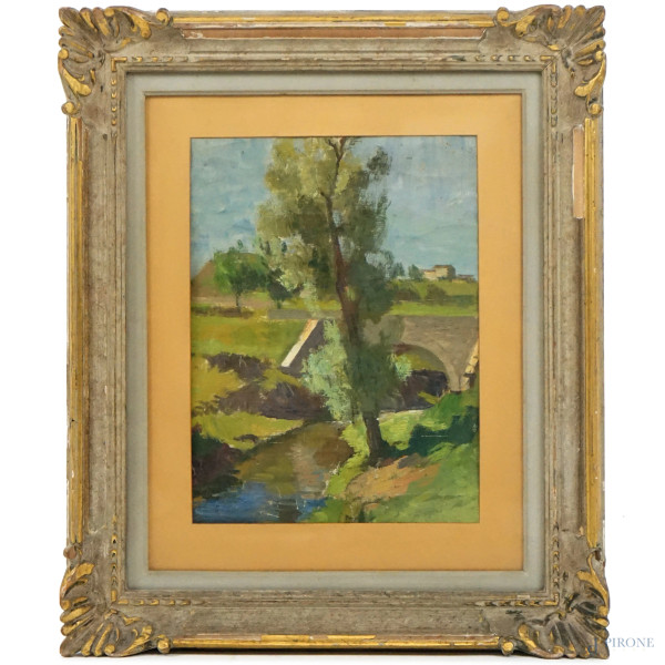 Paesaggio fluviale con alberi e ponte, olio su tela, cm 45x35, XX secolo, entro cornice, (mancante telaio)