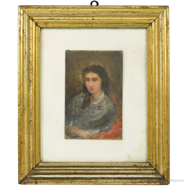 Scuola italiana del XIX secolo, Ritratto di ragazza, olio su tavoletta, cm 18,5x12, entro cornice