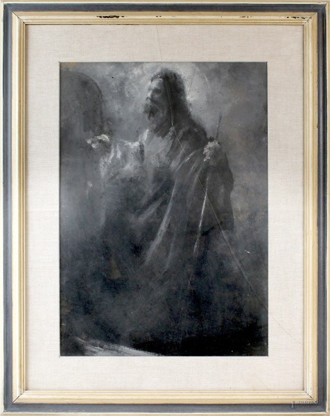 Cristo, tecnica mista su cartoncino, cm 61x46,5, XX secolo, entro cornice.