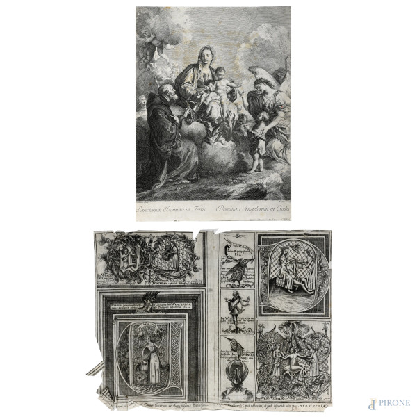 Lotto composto da due pagine di libro e un'incisione raffigurante Sacra Conversazione, XVIII-XIX secolo, misure massime cm 39,5x29, (segni di usura, tracce di umidità, gore, foxing, lacerazioni della carta, tracce di piegatura, rotture)