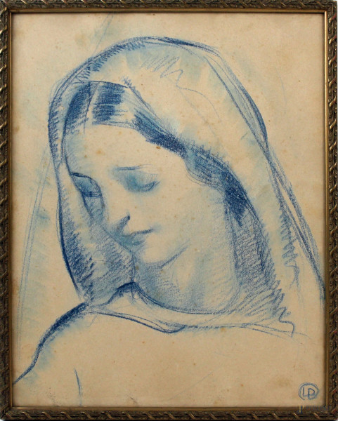 Volto di Madonna, pastello su carta, cm 42x33,5, siglato in basso a destra, entro cornice.