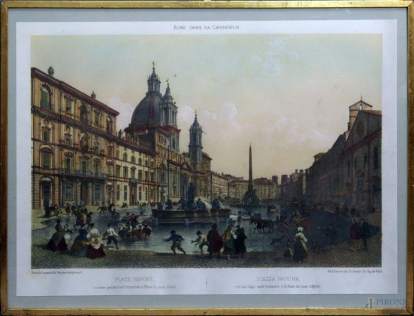 Piazza Navona con figure, stampa a colori 57x43 cm, entro cornice