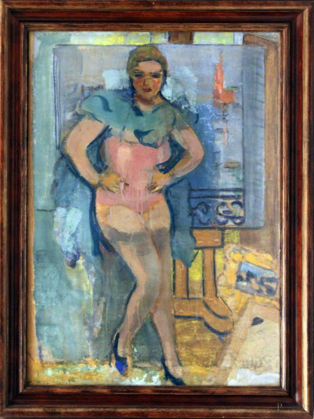 Carlo Corsi - Figura di donna in rosa, tecnica mista su cartone, 67x98 cm, entro cornice