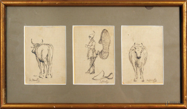 Lotto composto da tre studi, raffiguranti soggetti diversi, china su carta, cm. 13x10, firmati, entro cornice.