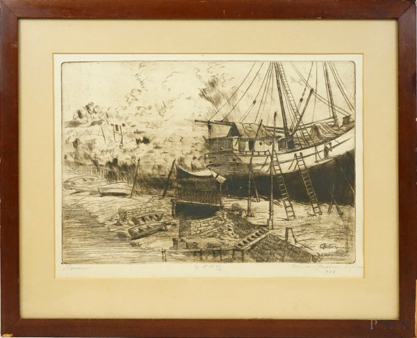 Cornelio  Di Giusti - Zustovich - Imbarcazioni, incisione, cm 33x46, entro cornice