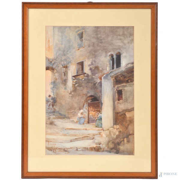 Fiuggi, XIX-XX secolo, acquerello su carta, cm 63,5x47 compreso passepartout, firmato e iscritto "Fiuggi" in basso a sinistra entro cornice, (lievi ondulazioni della carta)