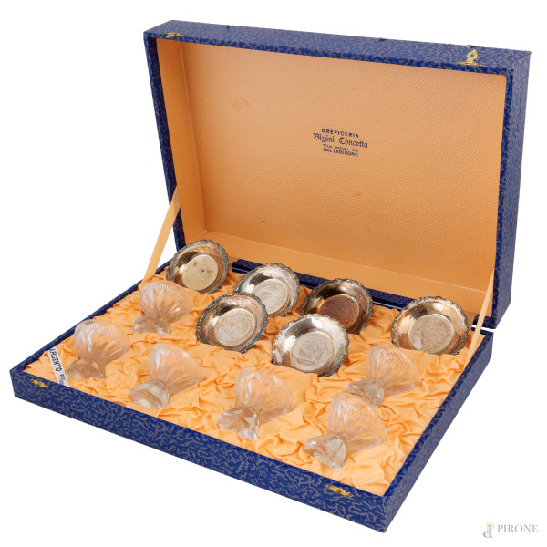 Servizio da rosolio in cristallo e argento 800/000  con punzone 69 PA Siddiolo Giuseppe, misura massima diametro cm 8, peso dell'argento gr 60