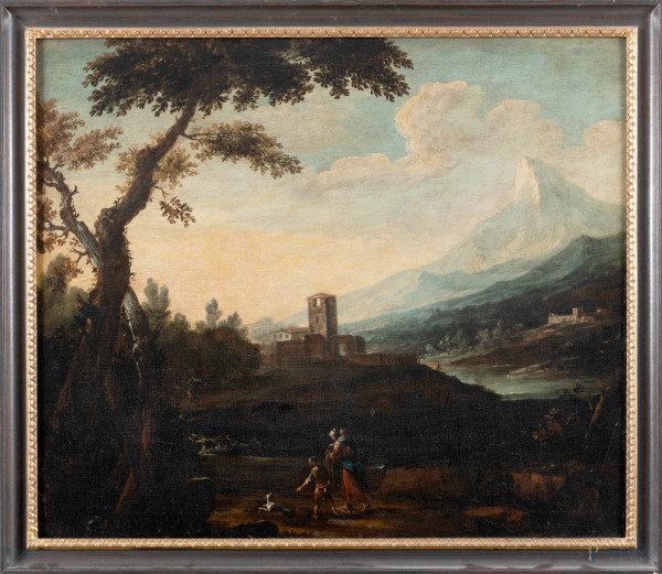 Paesaggio con figure, XIX secolo, olio su tela, cm 77x90, entro cornice, (lievi segni di usura)